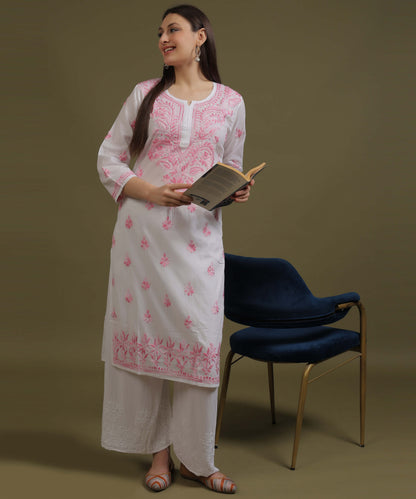 NEA Chikankari White Cotton Kurti With Shaded Baby Pink Embroidery