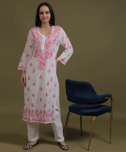NEA Chikankari White Cotton Kurti With Shaded Pink Embroidery