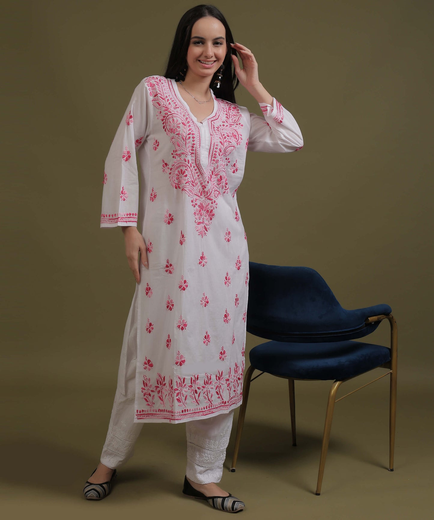 NEA Chikankari White Cotton Kurti With Shaded Pink Embroidery