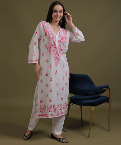 NEA Chikankari White Cotton Kurti With Shaded Pink Embroidery
