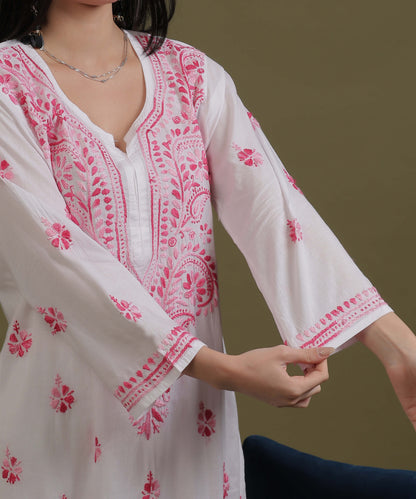 NEA Chikankari White Cotton Kurti With Shaded Pink Embroidery
