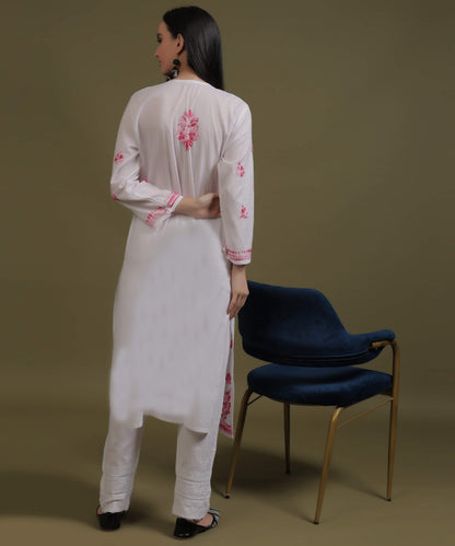 NEA Chikankari White Cotton Kurti With Shaded Pink Embroidery