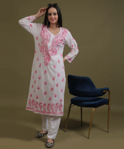 NEA Chikankari White Cotton Kurti With Shaded Pink Embroidery