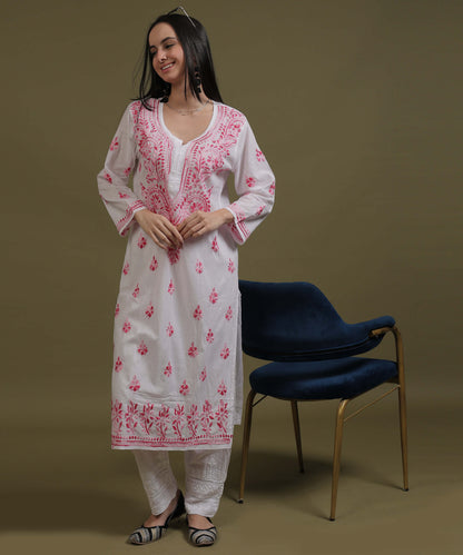 NEA Chikankari White Cotton Kurti With Shaded Pink Embroidery