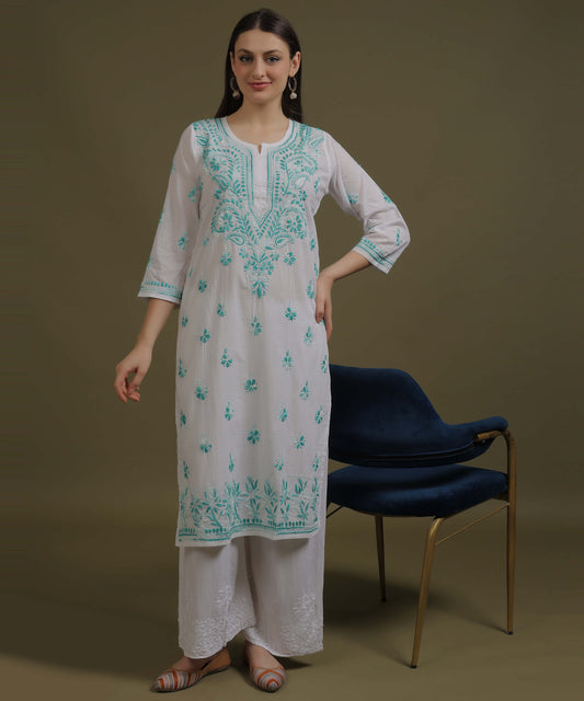 NEA Chikankari White Cotton Kurti With Shaded Sea Green Embroidery