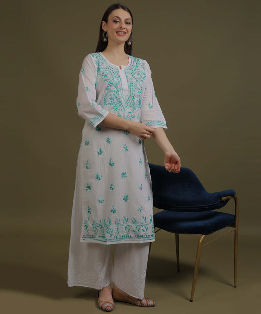 NEA Chikankari White Cotton Kurti With Shaded Sea Green Embroidery