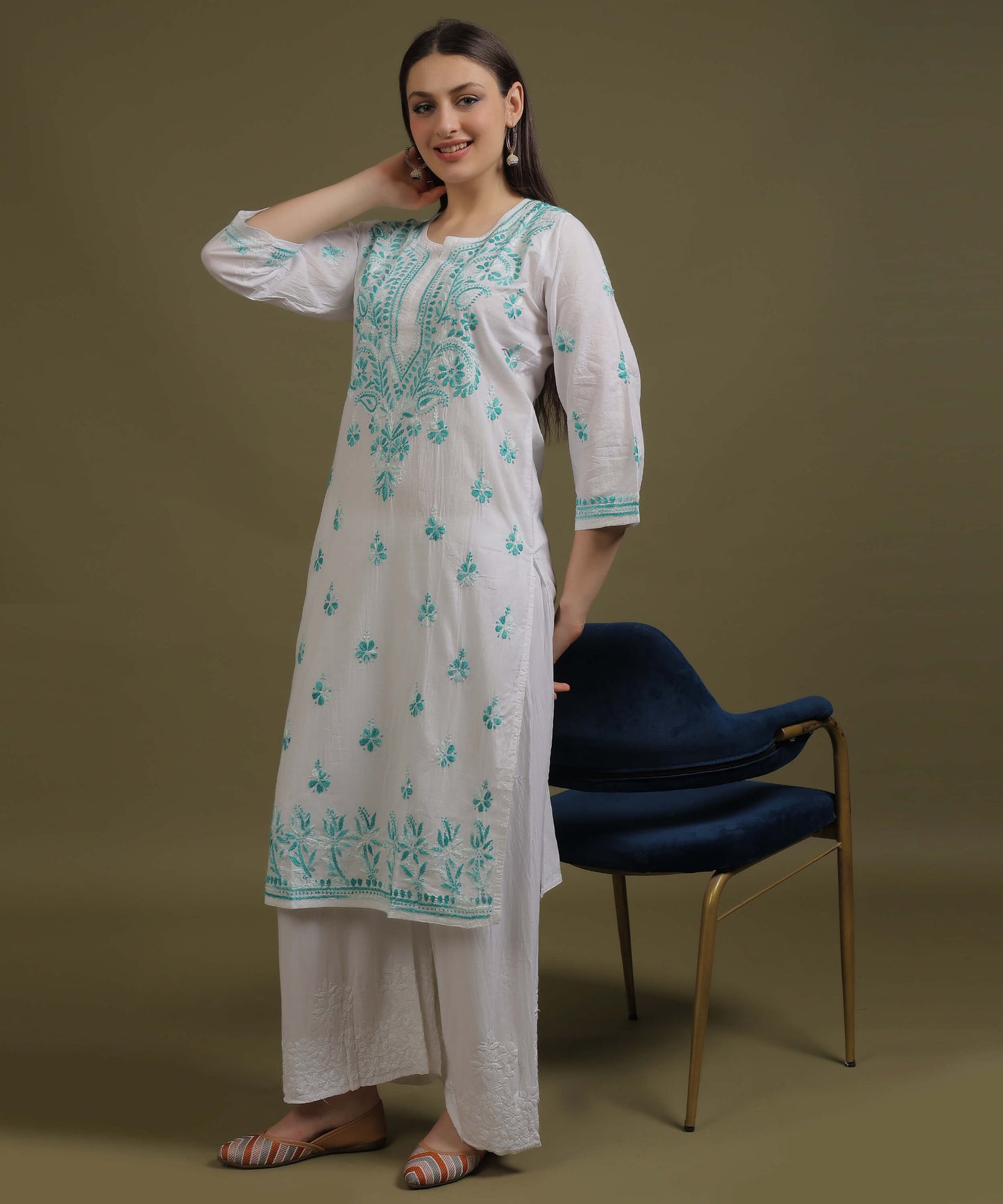 NEA Chikankari White Cotton Kurti With Shaded Sea Green Embroidery