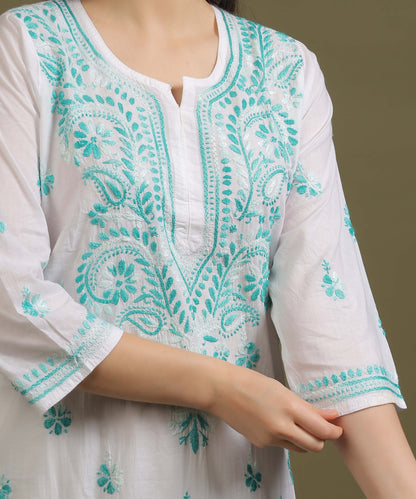 NEA Chikankari White Cotton Kurti With Shaded Sea Green Embroidery