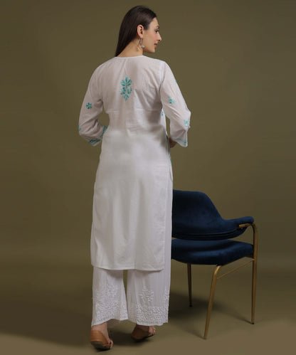 NEA Chikankari White Cotton Kurti With Shaded Sea Green Embroidery
