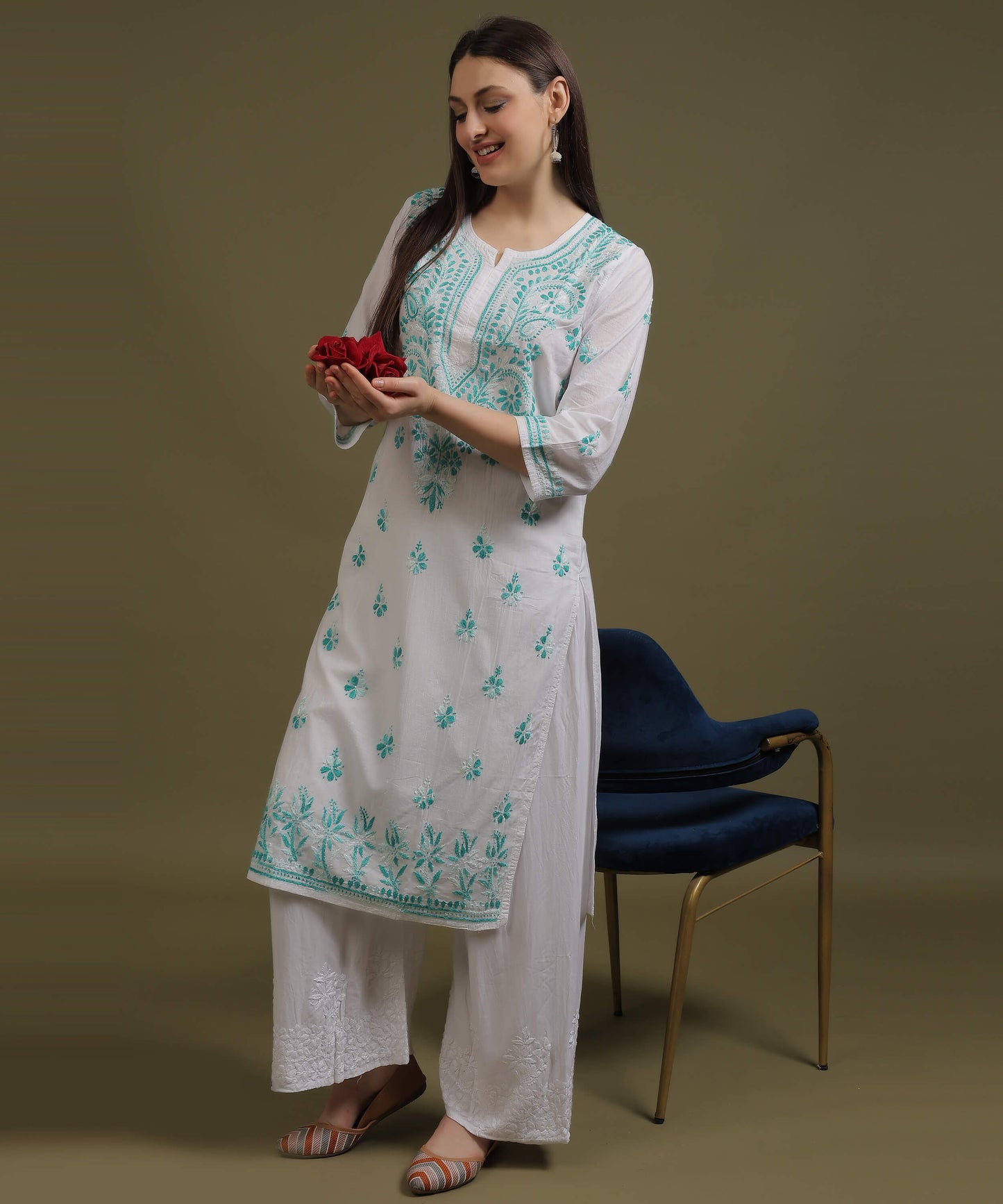 NEA Chikankari White Cotton Kurti With Shaded Sea Green Embroidery