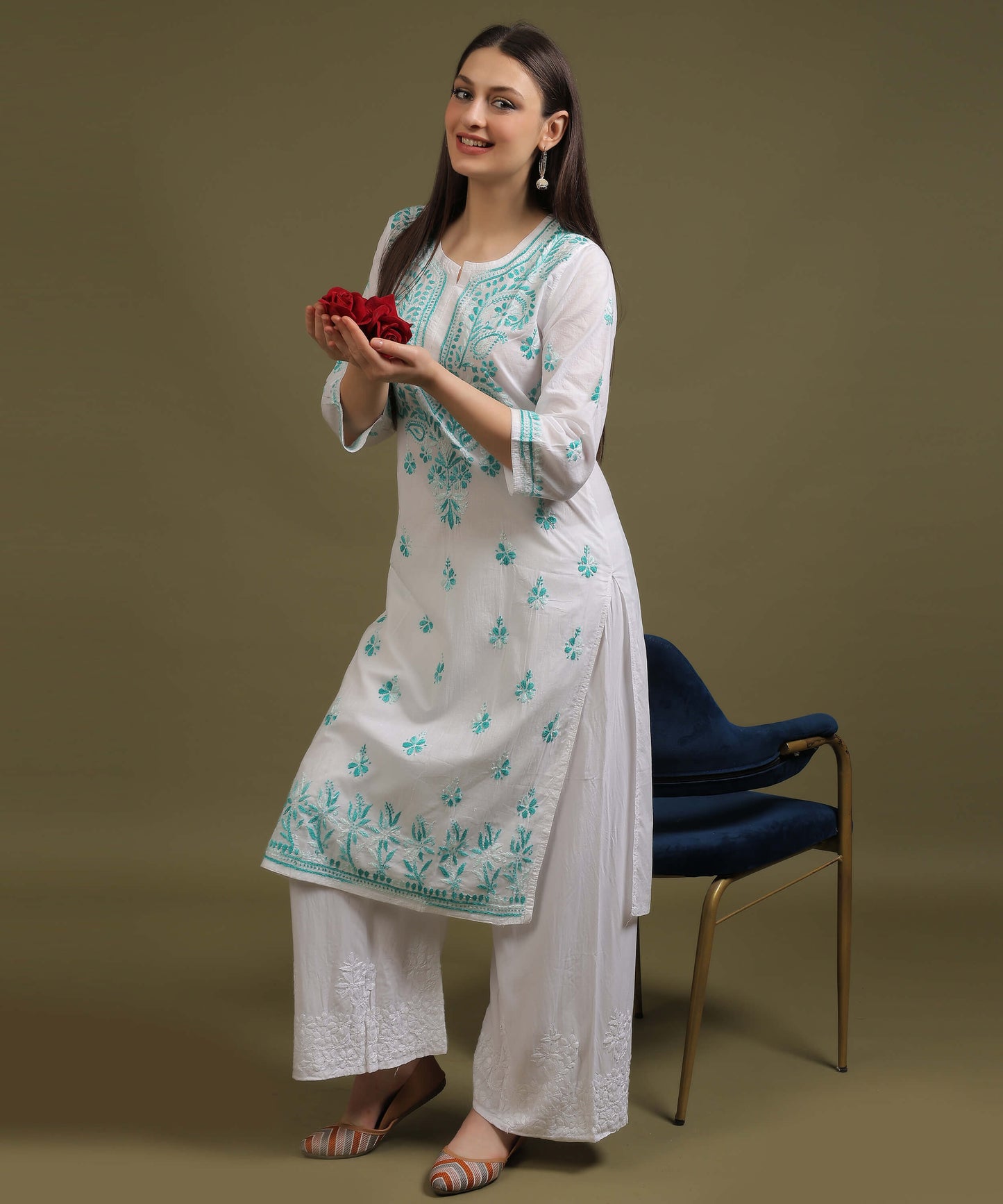 NEA Chikankari White Cotton Kurti With Shaded Sea Green Embroidery