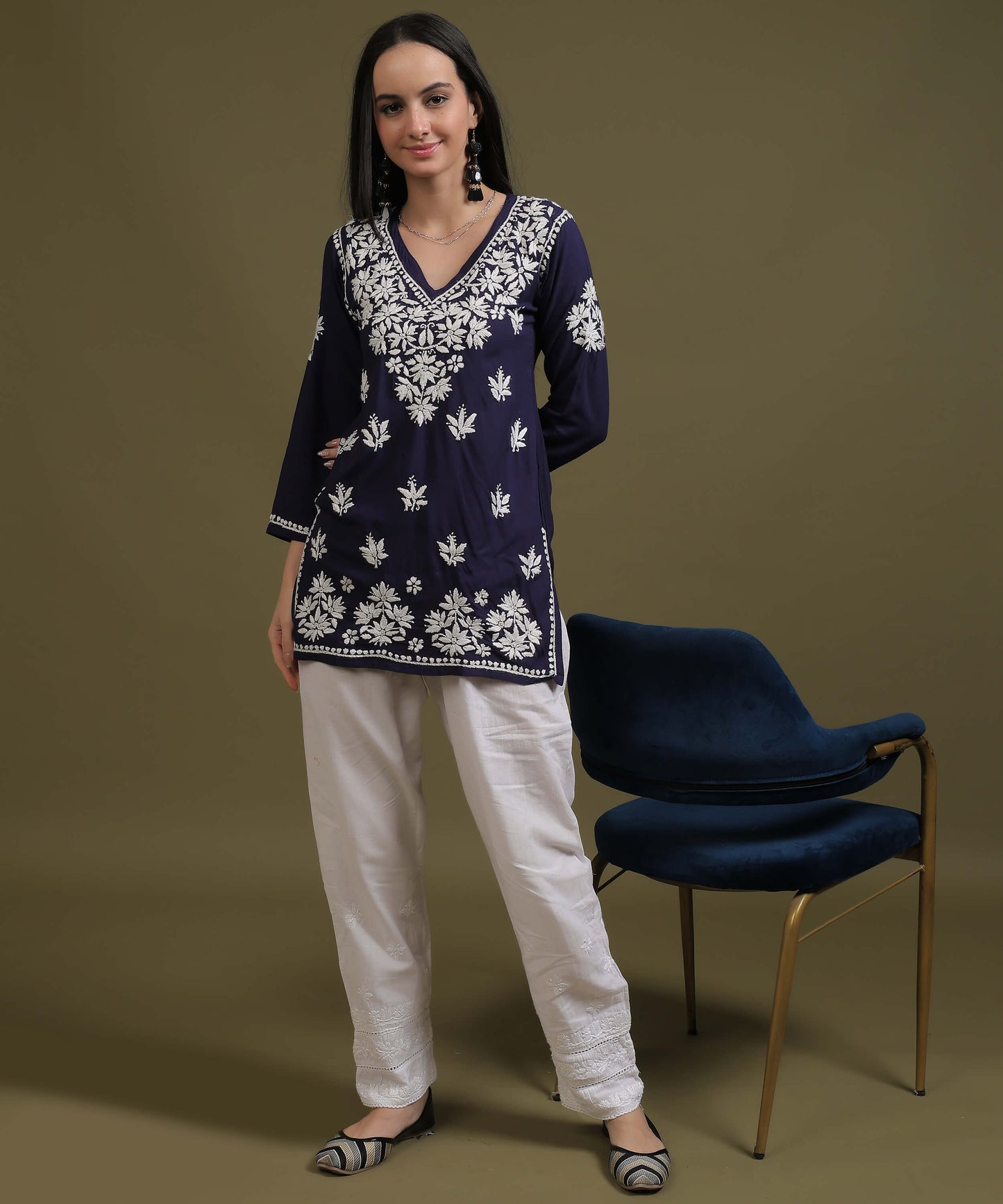 NEA Chikankari Navy Blue Rayon Short Top With White Embroidery