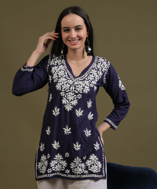 NEA Chikankari Navy Blue Rayon Short Top With White Embroidery