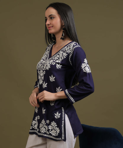 NEA Chikankari Navy Blue Rayon Short Top With White Embroidery