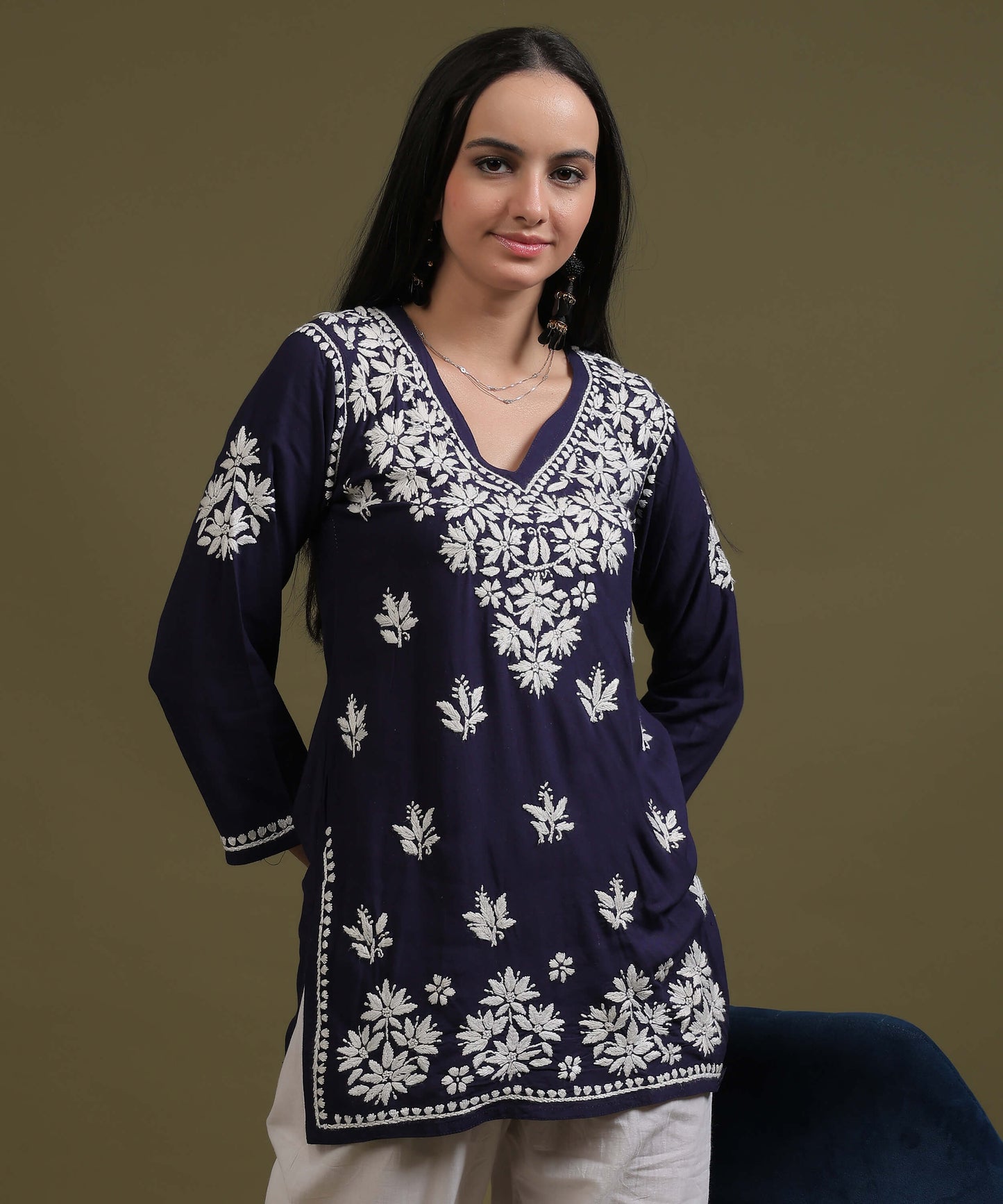 NEA Chikankari Navy Blue Rayon Short Top With White Embroidery
