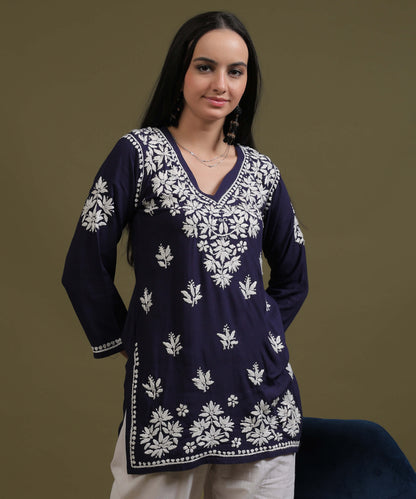 NEA Chikankari Navy Blue Rayon Short Top With White Embroidery