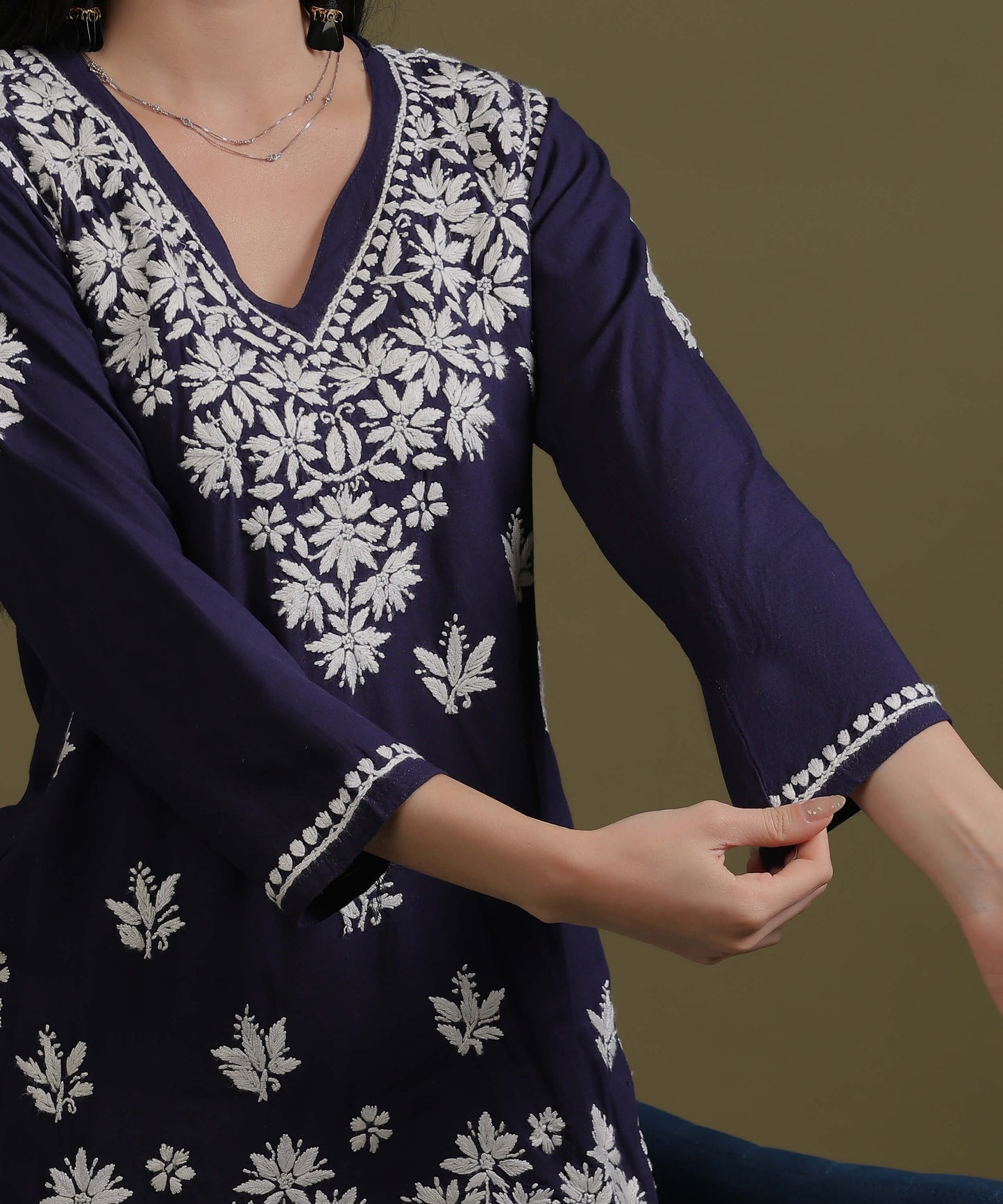 NEA Chikankari Navy Blue Rayon Short Top With White Embroidery