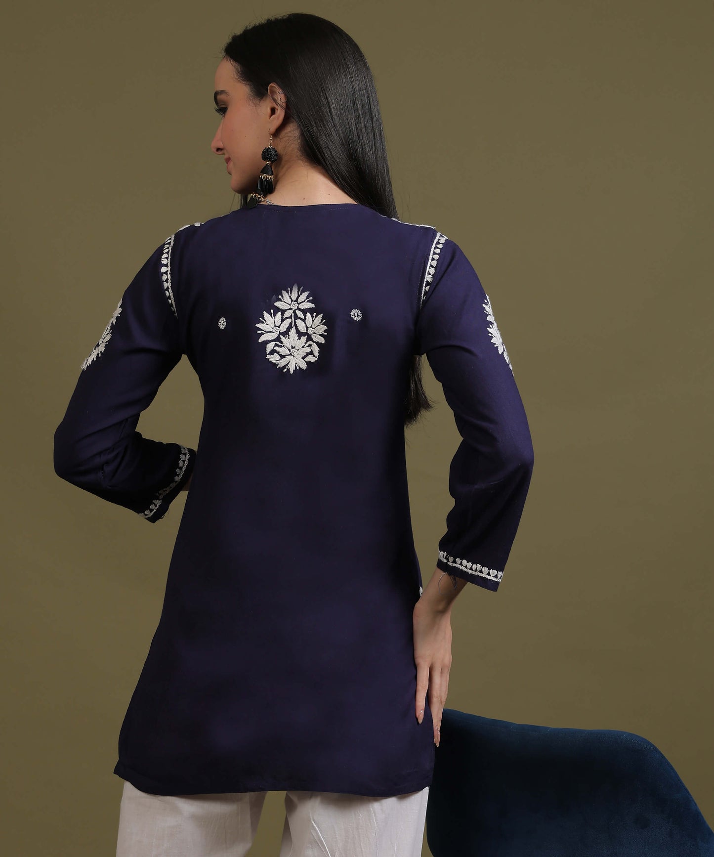 NEA Chikankari Navy Blue Rayon Short Top With White Embroidery