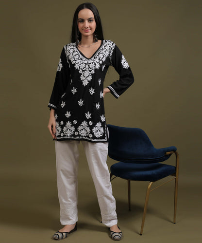 NEA Chikankari Black Rayon Short Top With White Embroidery