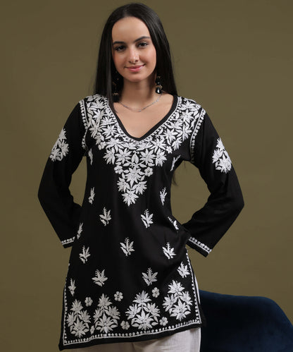 NEA Chikankari Black Rayon Short Top With White Embroidery