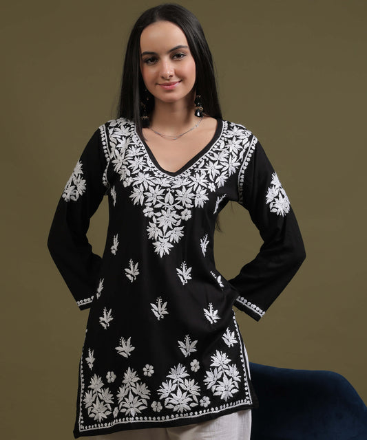 NEA Chikankari Black Rayon Short Top With White Embroidery