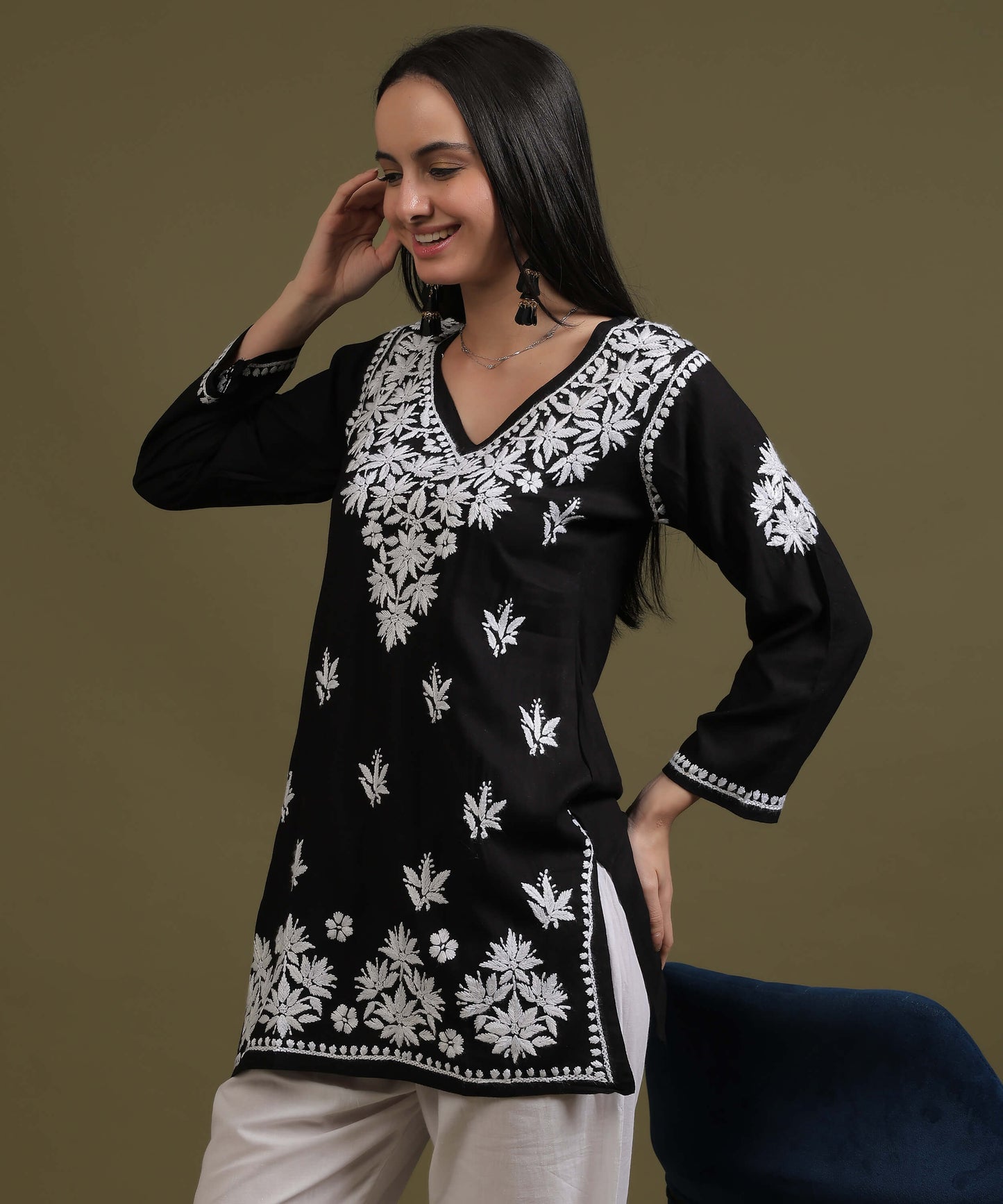 NEA Chikankari Black Rayon Short Top With White Embroidery