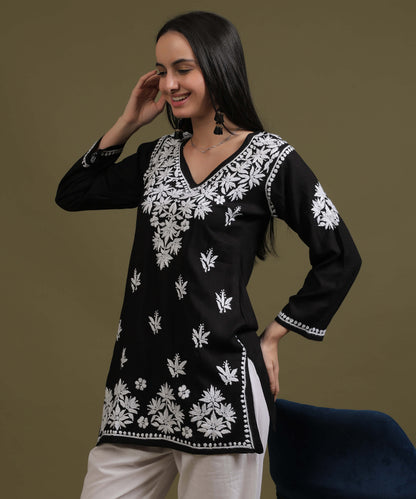 NEA Chikankari Black Rayon Short Top With White Embroidery