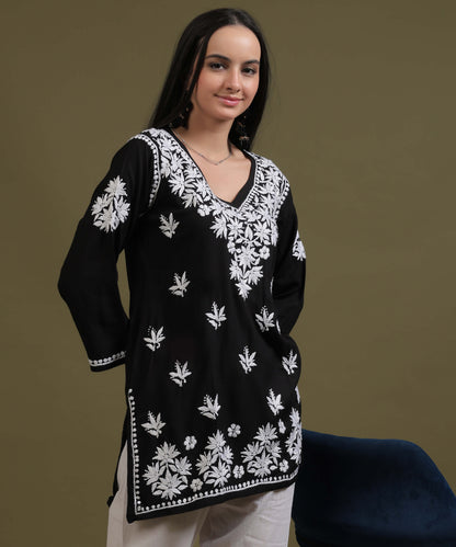 NEA Chikankari Black Rayon Short Top With White Embroidery