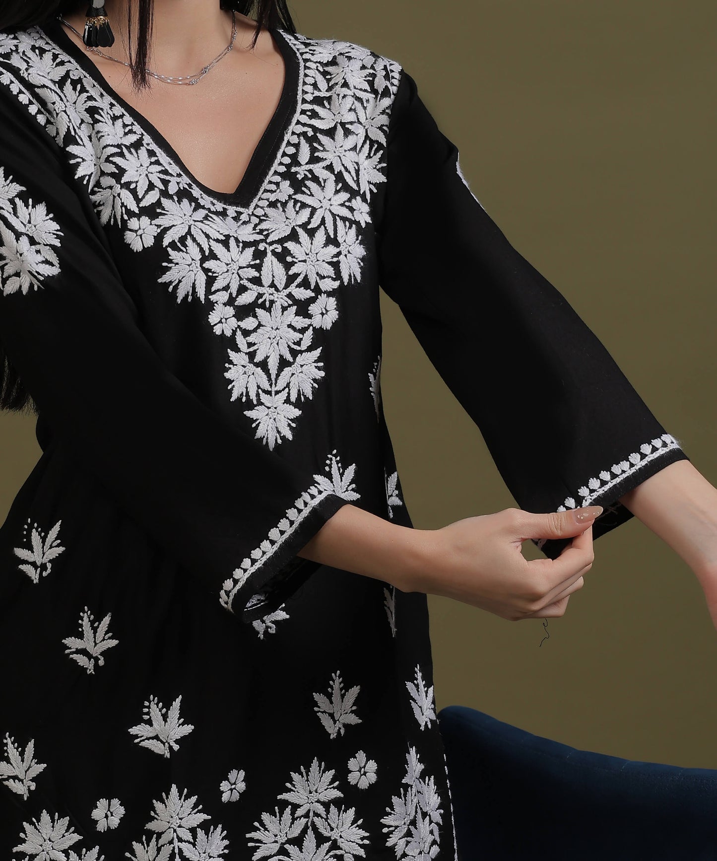NEA Chikankari Black Rayon Short Top With White Embroidery