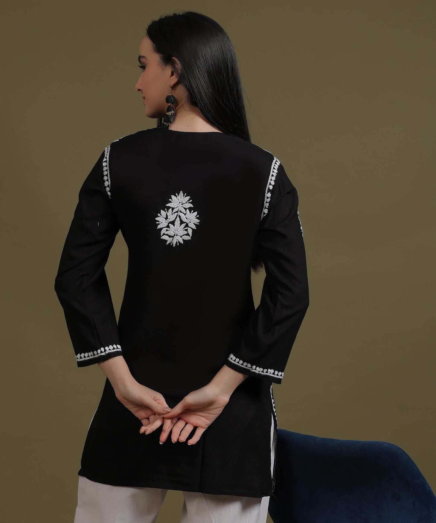 NEA Chikankari Black Rayon Short Top With White Embroidery