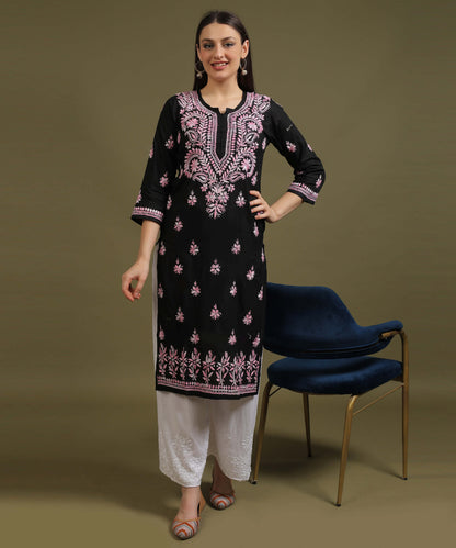NEA Chikankari Black Cotton Kurti with Pink Embroidery