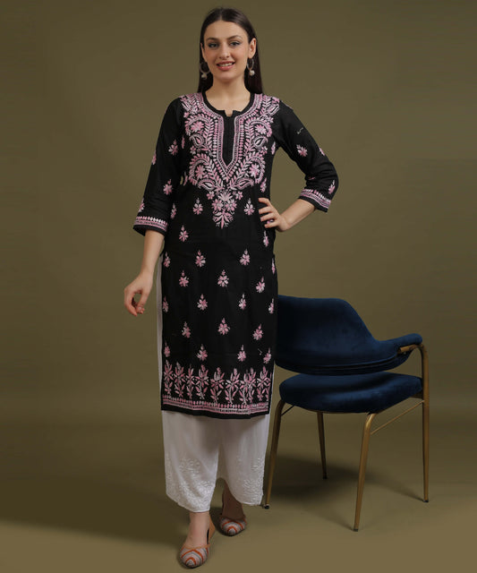 NEA Chikankari Black Cotton Kurti With Shaded Baby Pink Embroidery