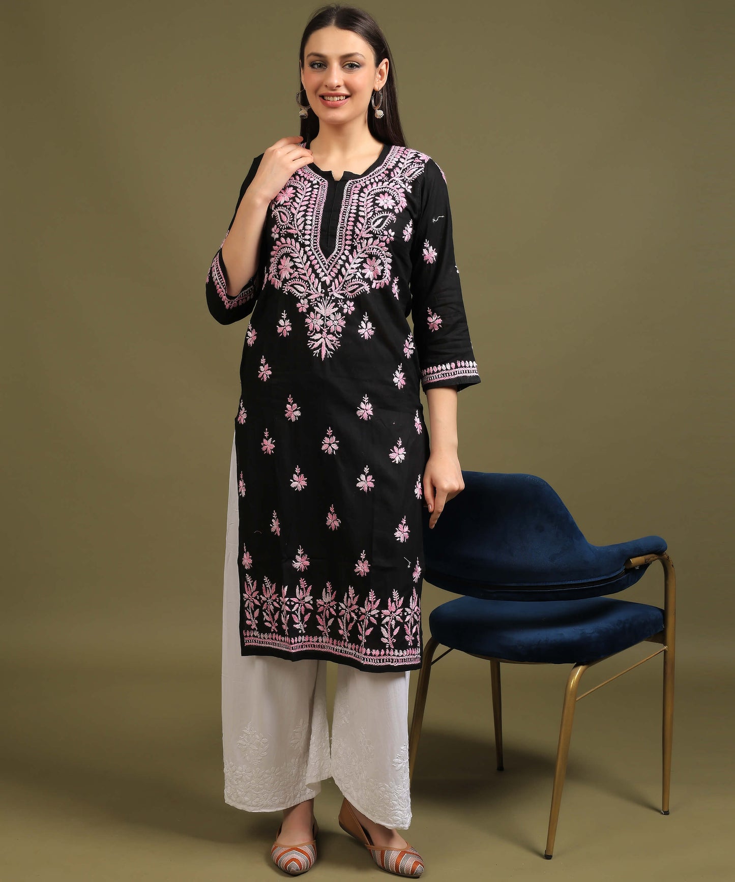 NEA Chikankari Black Cotton Kurti with Pink Embroidery