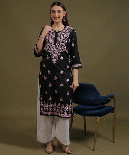 NEA Chikankari Black Cotton Kurti With Shaded Baby Pink Embroidery