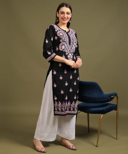 NEA Chikankari Black Cotton Kurti with Pink Embroidery