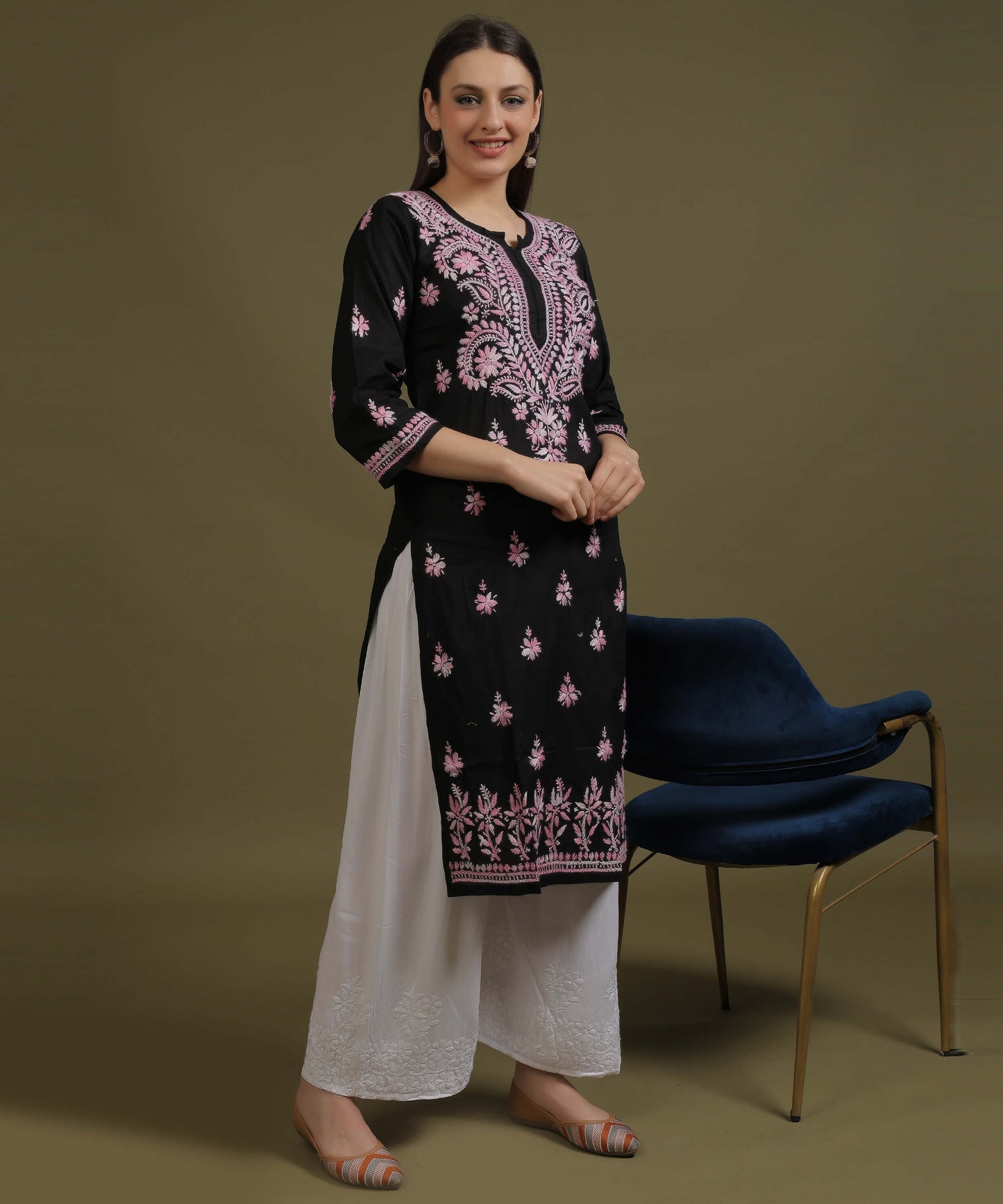NEA Chikankari Black Cotton Kurti With Shaded Baby Pink Embroidery