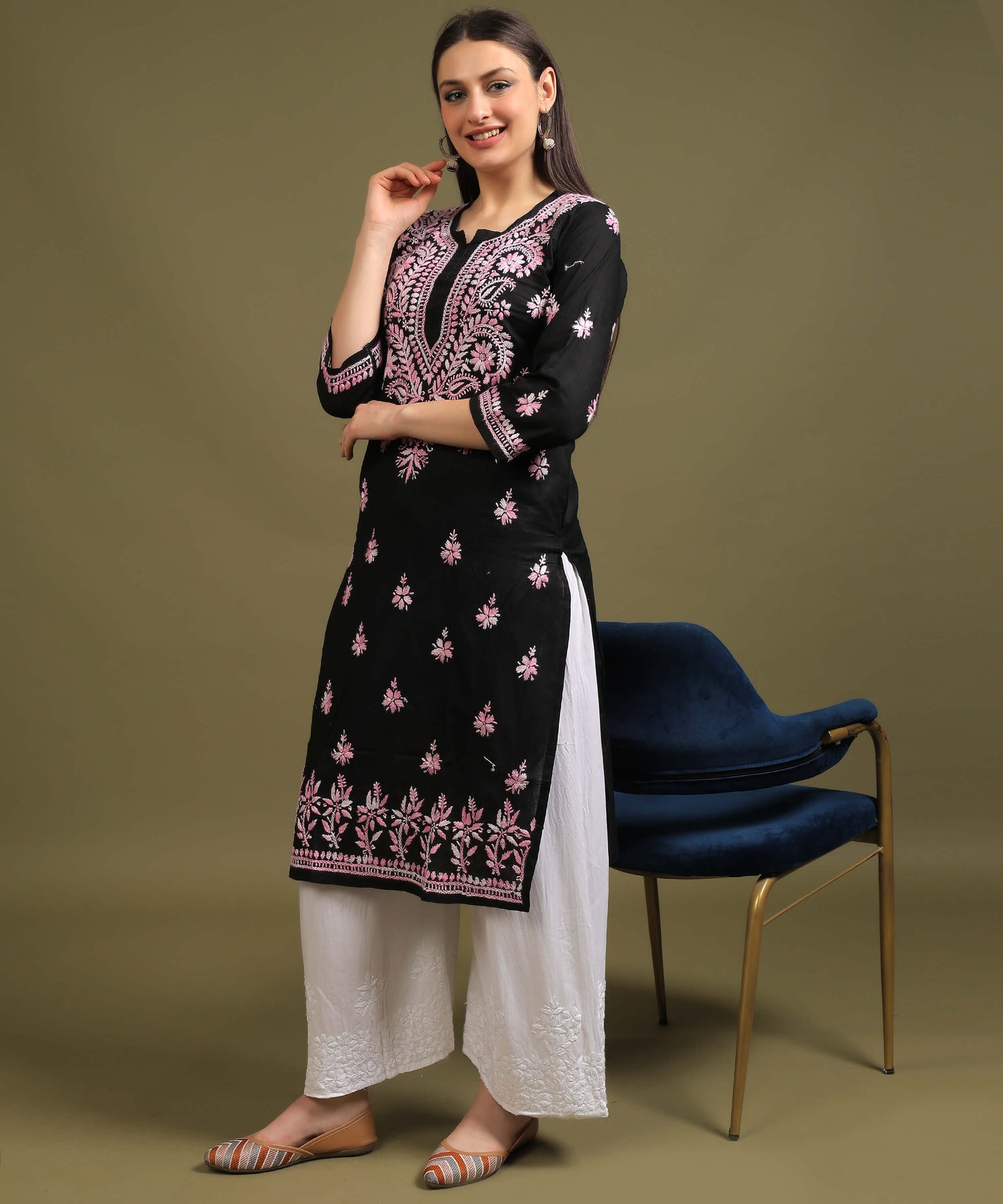 NEA Chikankari Black Cotton Kurti with Pink Embroidery