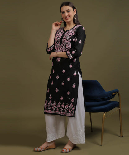 NEA Chikankari Black Cotton Kurti With Shaded Baby Pink Embroidery