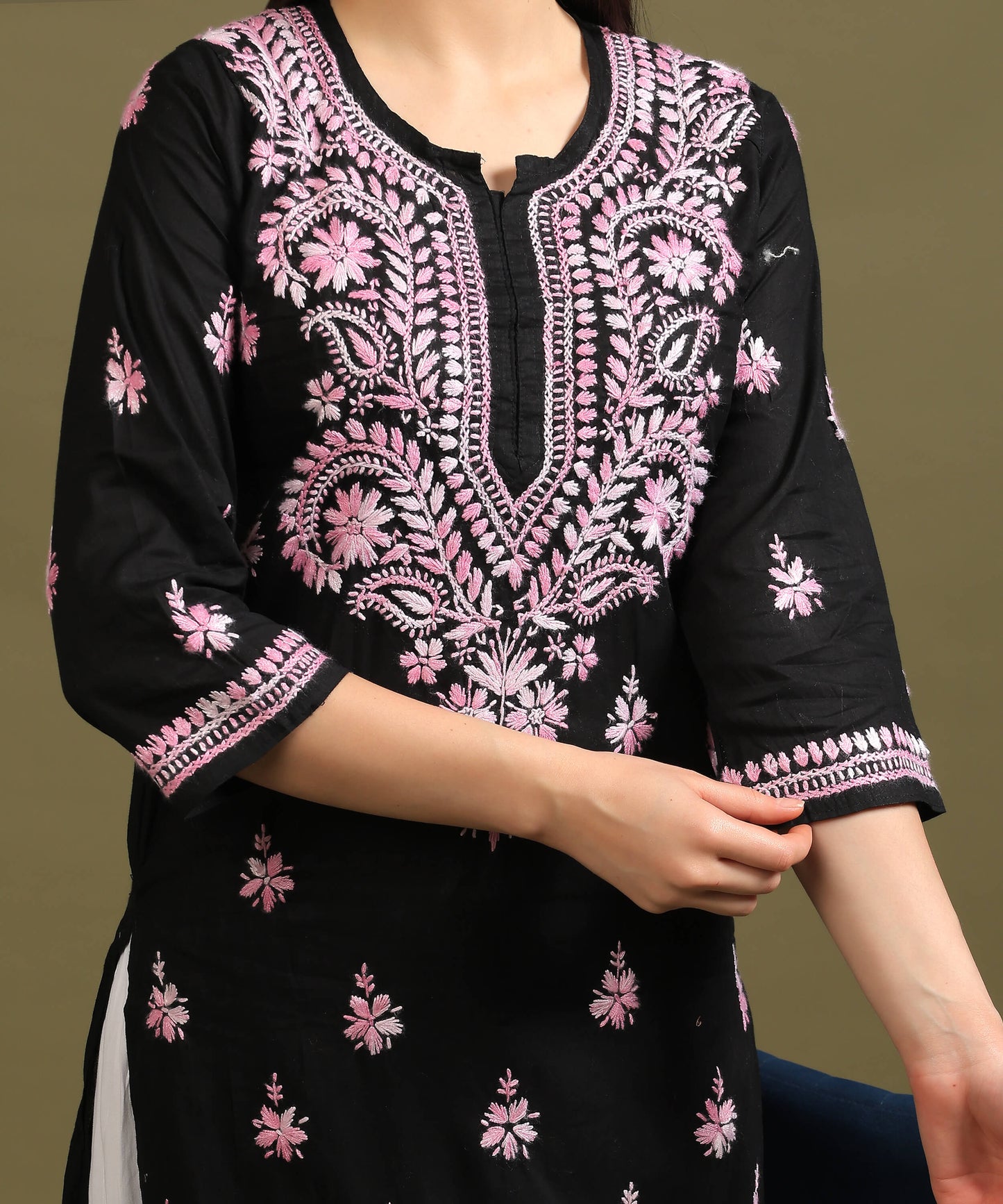 NEA Chikankari Black Cotton Kurti with Pink Embroidery