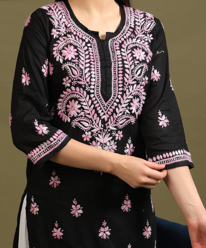 NEA Chikankari Black Cotton Kurti with Pink Embroidery
