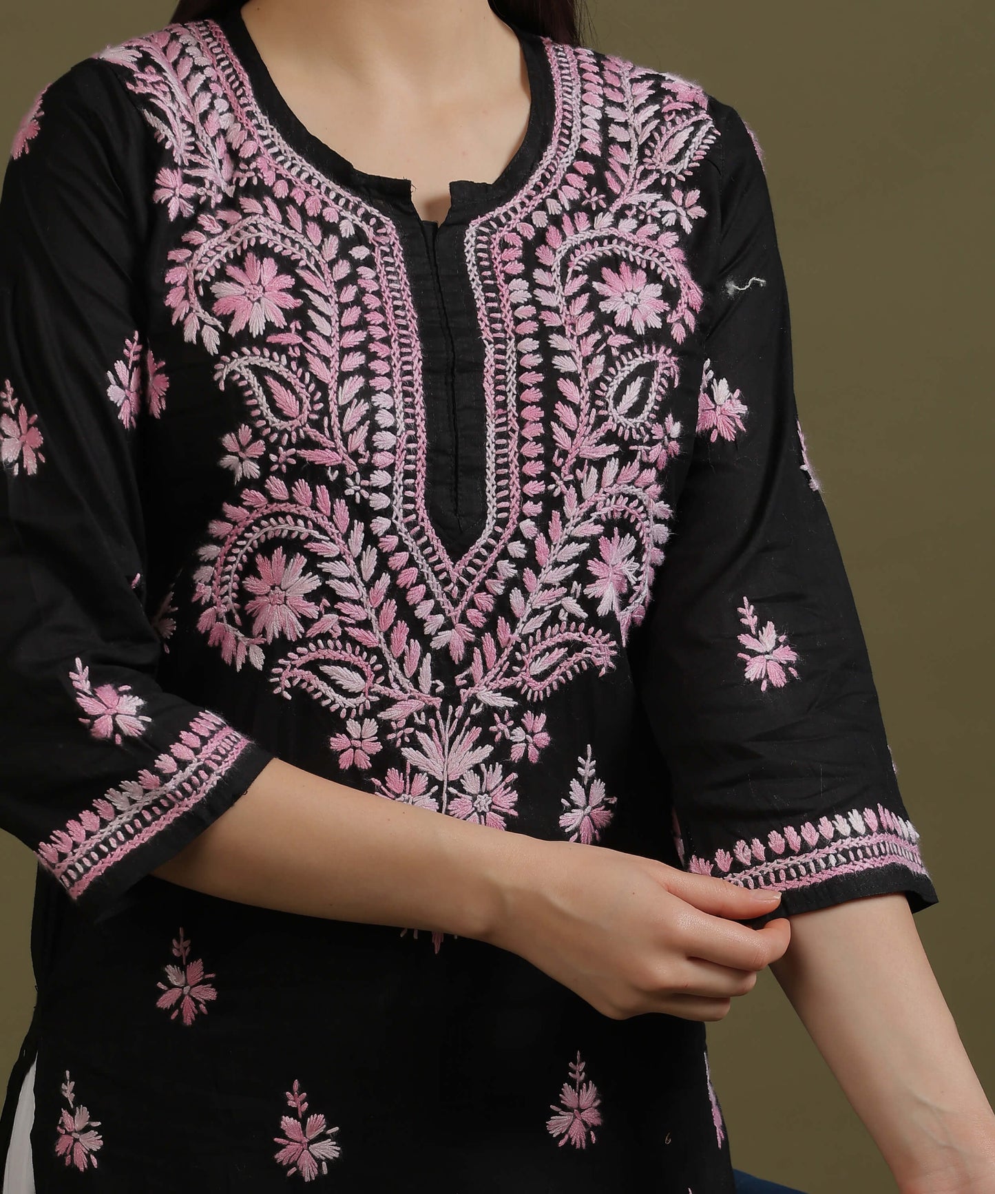NEA Chikankari Black Cotton Kurti With Shaded Baby Pink Embroidery