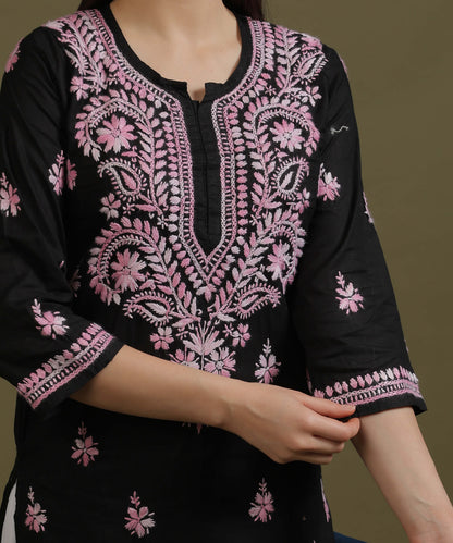 NEA Chikankari Black Cotton Kurti With Shaded Baby Pink Embroidery