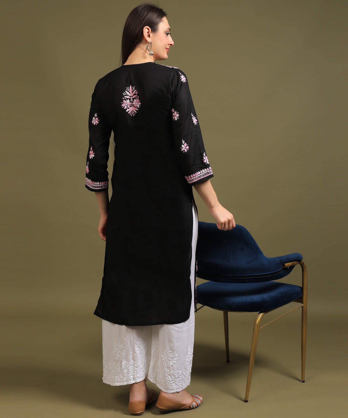 NEA Chikankari Black Cotton Kurti with Pink Embroidery