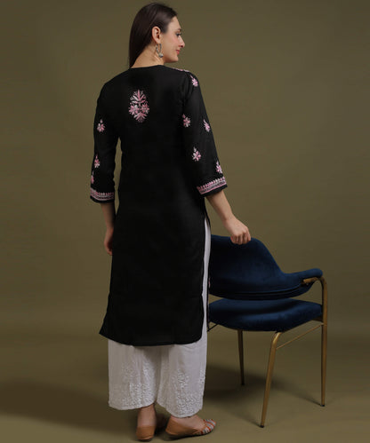 NEA Chikankari Black Cotton Kurti With Shaded Baby Pink Embroidery