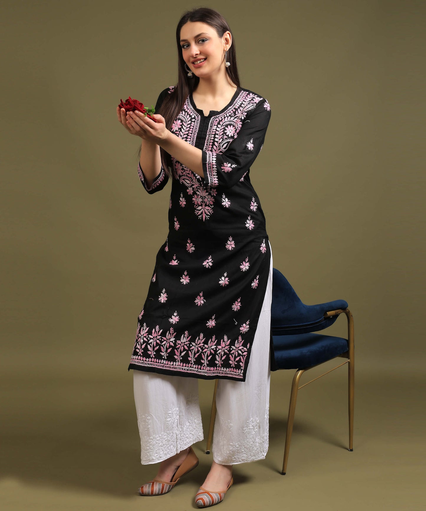NEA Chikankari Black Cotton Kurti with Pink Embroidery