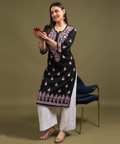 NEA Chikankari Black Cotton Kurti with Pink Embroidery
