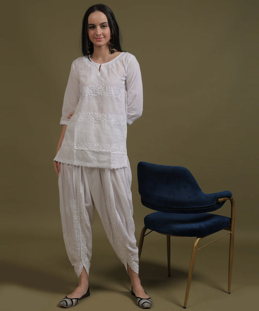 NEA Chikankari White Cambric Cotton Short Top