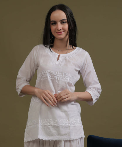 NEA Chikankari White Cambric Cotton Short Top