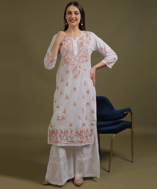 NEA Chikankari White Cotton Kurti With Shaded Light Brown Embroidery