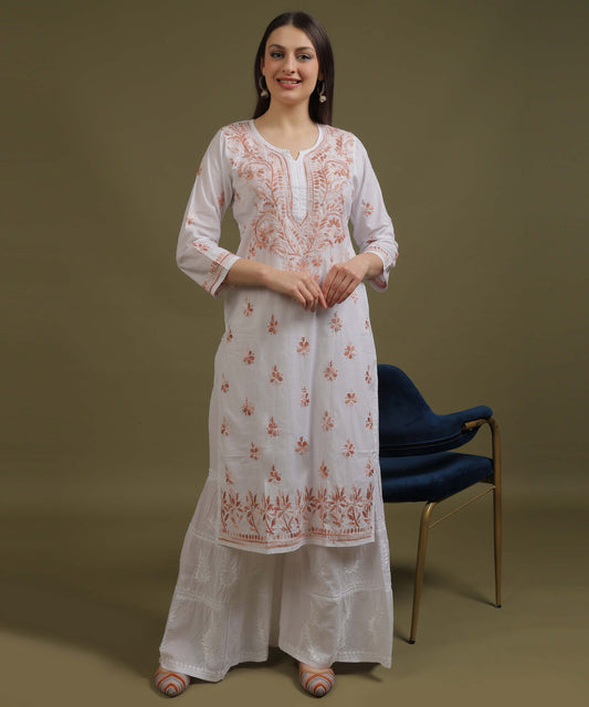 NEA Chikankari White Cotton Kurti With Shaded Light Brown Embroidery